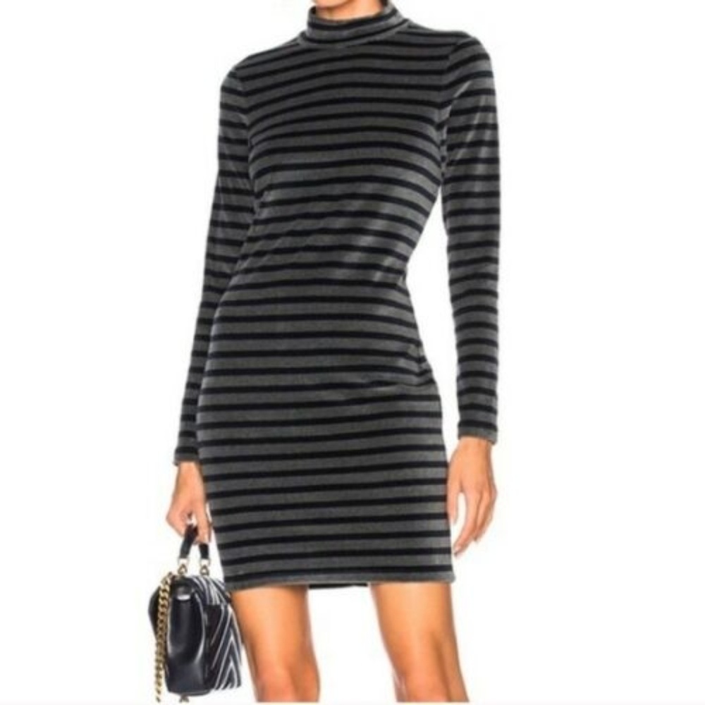 "T" by Alexander Wang dark-navy striped long sleeve stretchy soft velour dress